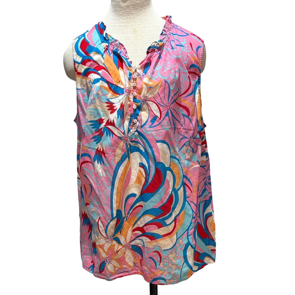 Talbots sz 2X sleeveless cotton patterned ruffle neck top - Picture 1 of 6